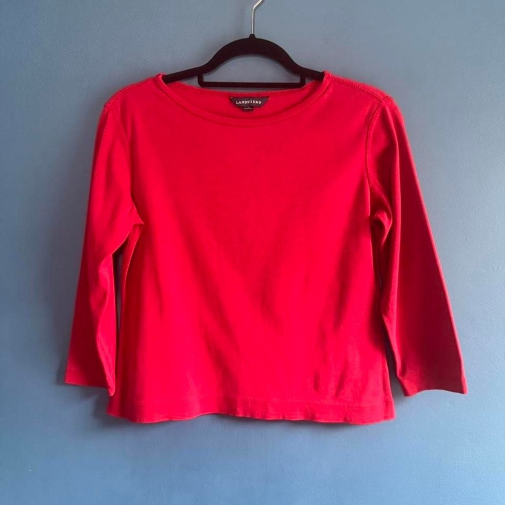 Vintage Lands End Boatneck T Shirt Women's Size Small Petite Red 100% Cotton